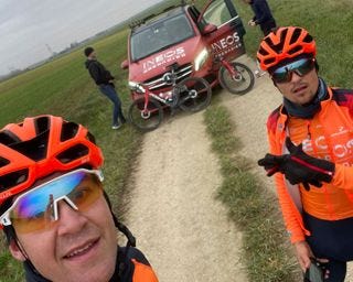Tom Pidcock and Laurens De Plus recon the gravel route of stage 9 of the 2024 Tour de France