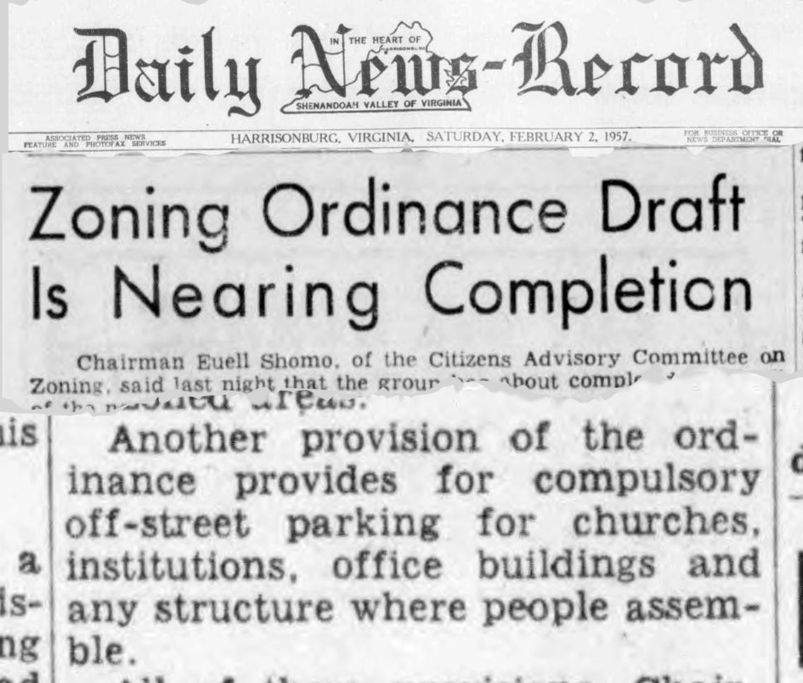 Daily News Record headline from Feb. 2, 1957. Zoning Ordinance Draft Is Nearing Completion