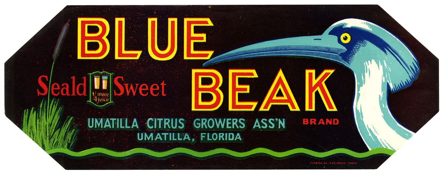 Citrus label with the letters Blue Beak and a drawing of a bird.
