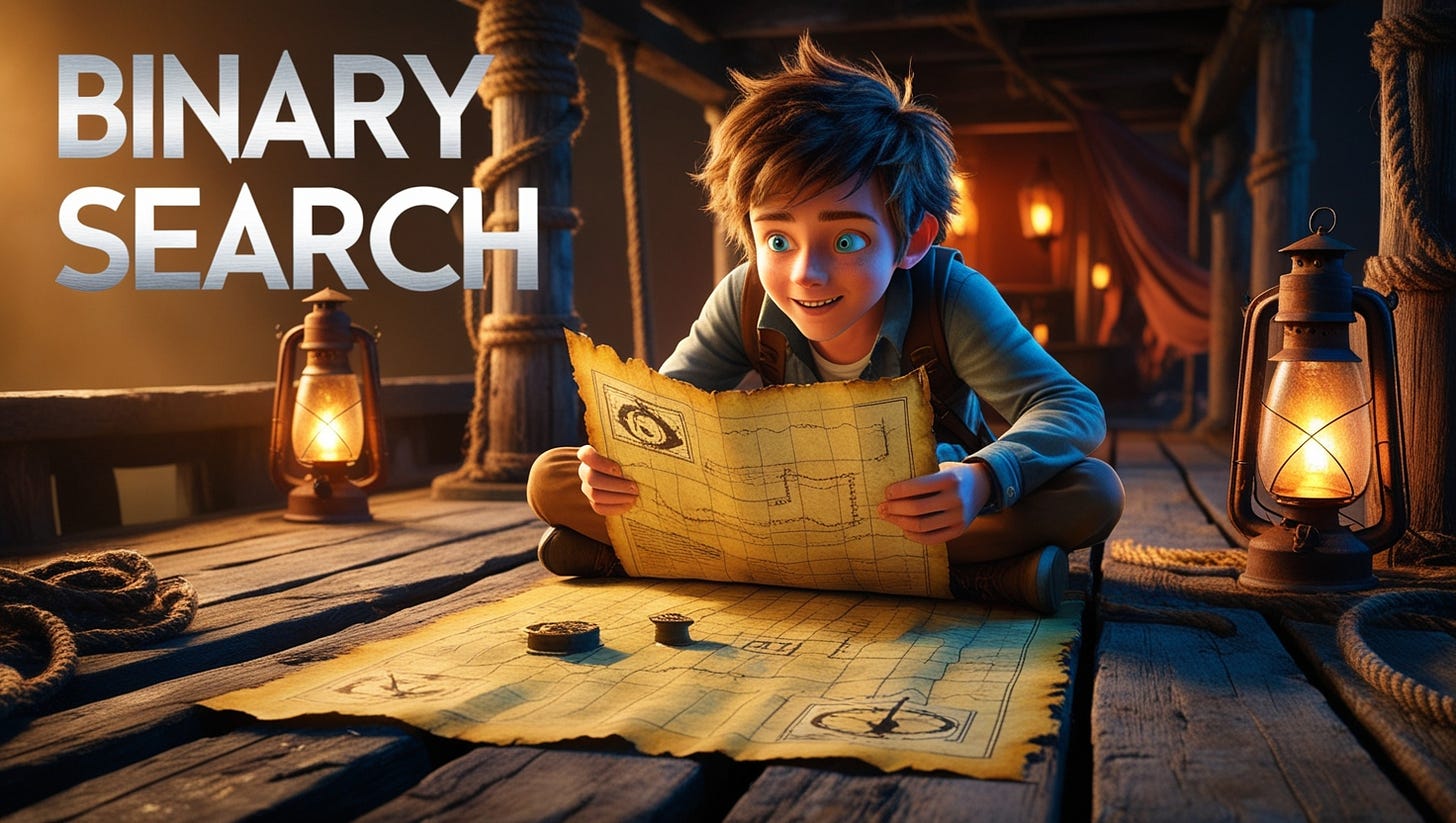 A young adventurer, with a curious expression and messy brown hair, pores over a worn, yellowed treasure map, illuminated by a warm, golden light, his bright blue eyes scanning the creased parchment for the next clue, as he sits cross-legged on the weathered wooden planks of an old, mystic dock, surrounded by rusty lanterns and frayed ropes, the atmosphere thick with anticipation, the words "Binary Search" emblazoned in bold, modern font, in silver ink, across the top of the map, like a cryptic message, as if the treasure itself is hidden in the code.