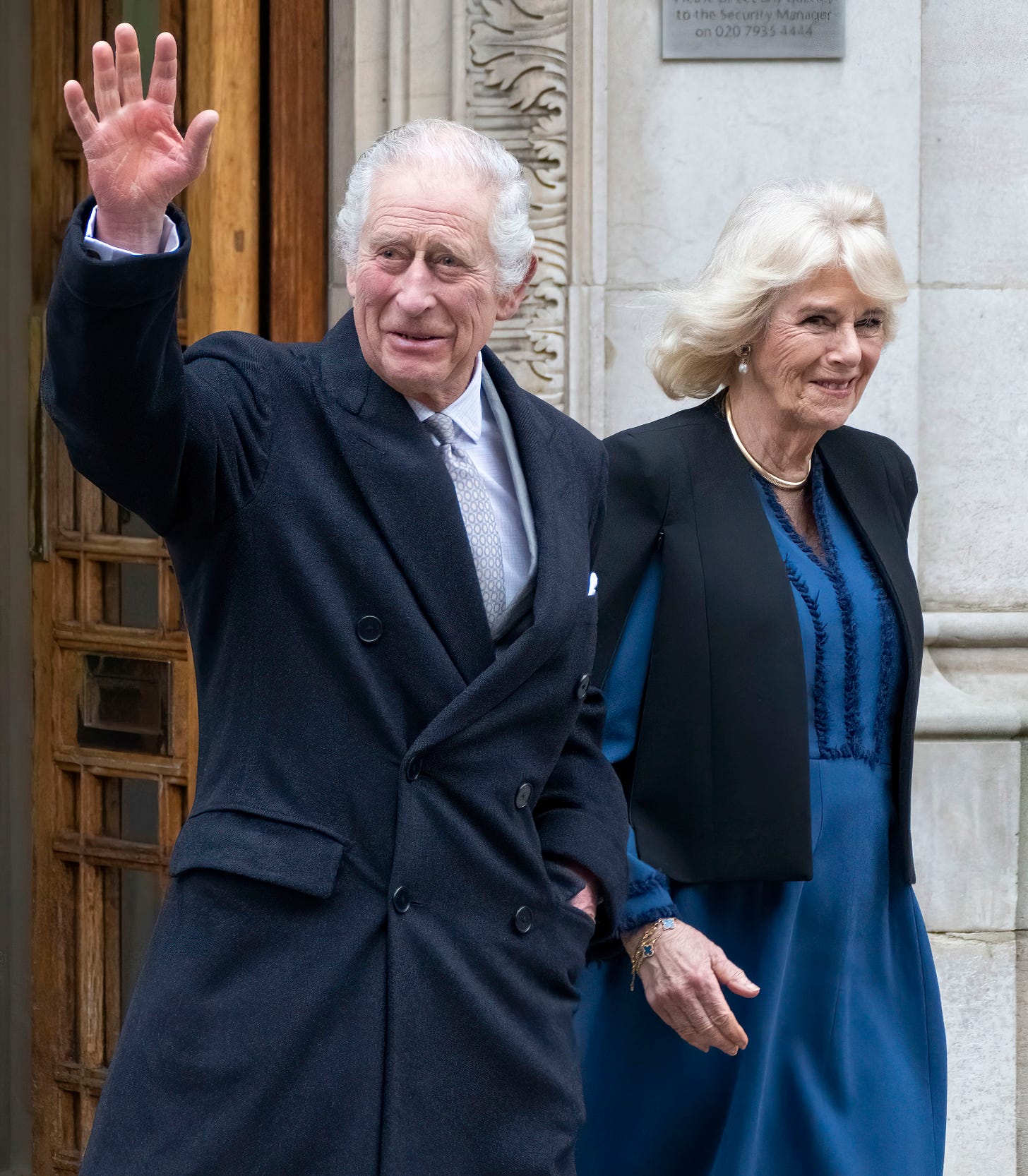 queen camilla supports king charles as he leaves the london clinic