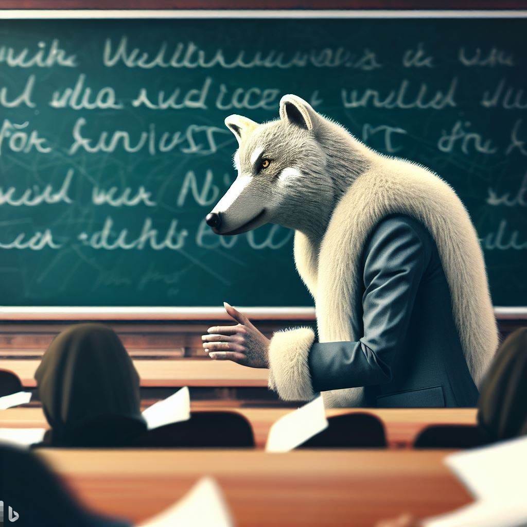 a wolf in sheep's clothing lecturing a Harvard business class, photorealistic