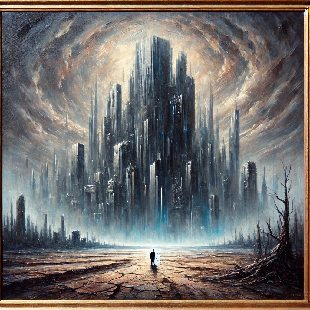 A square oil painting depicting a dystopian landscape with a dark, imposing technocratic cityscape in the background. The city is dominated by tall, geometric skyscrapers with a cold, metallic sheen. In the foreground, a lone figure stands on a barren, cracked earth, looking up at the city. The sky is overcast with swirling clouds, casting an ominous, almost surreal light over the scene. The painting should have a textured, brushstroke-heavy style, with a muted color palette of grays, blues, and deep browns to evoke a sense of despair and control.