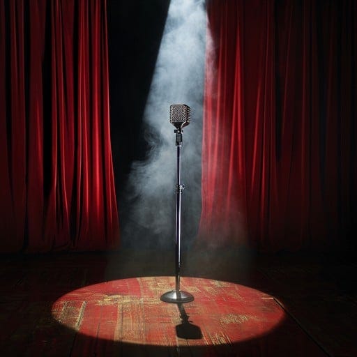 The image captures a single microphone centered on a stage under a focused spot of light, embodying the anticipation of a performance. Surrounded by billowing smoke and a backdrop of rich red curtains, the setting evokes a sense of drama and expectation. The stark contrast between the dark surroundings and the illuminated microphone spot creates a feeling of tension and excitement, as if awaiting the arrival of a performer to break the silence.