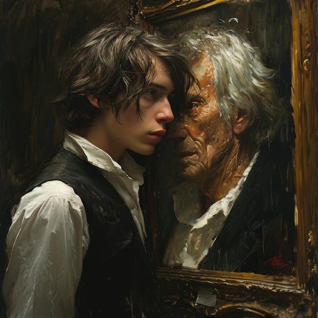 Dorian Gray and his aging old portrait The once pristine canvas now mirrors  his hidden sins capturing the decay of his soul as time etches its mark on  the haunting masterpiece |