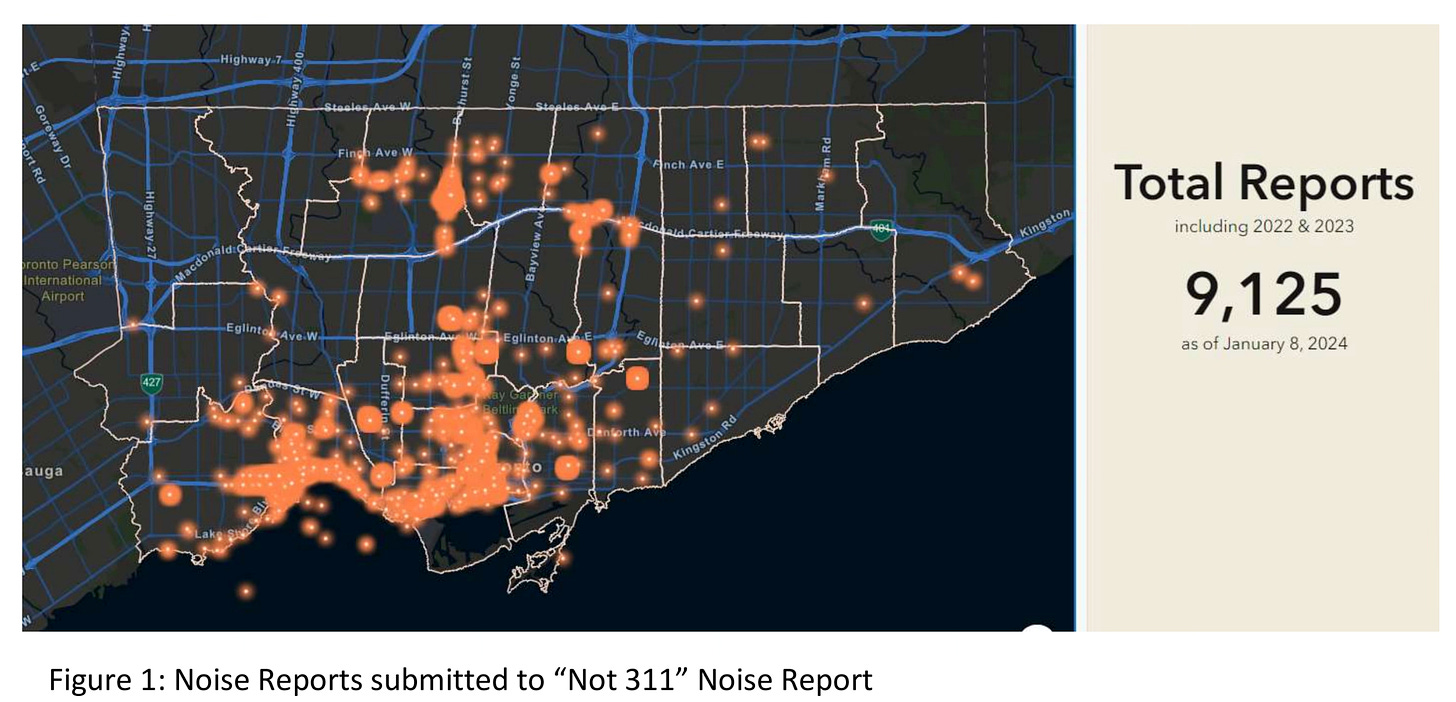 Map showing location of noise complaints related to vehicle noise captured by No More Noise Toronto survey