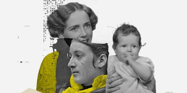 Excerpt from Petra Zehner's cover of The Old,.  Photo collage feat. a smiling woman holding a baby, with a swistful woman in profile layered over them