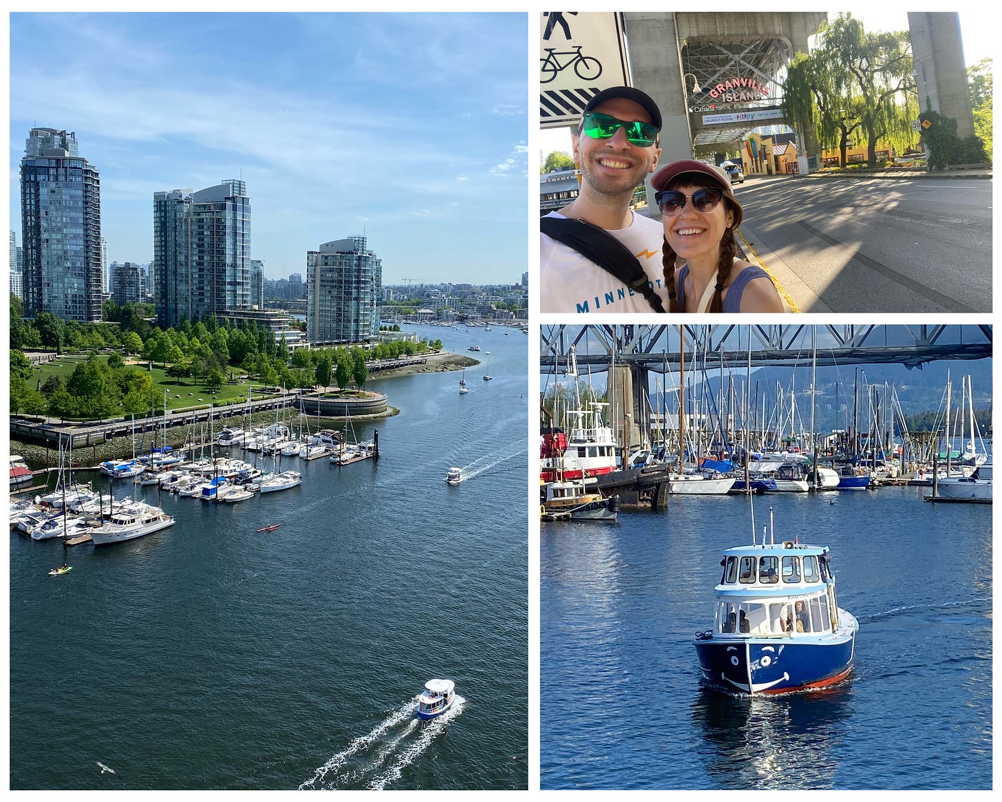 A photo collage of three images featuring downtown Vancouver, showing Granville Island, skyscrapers, and boats in the harbor.