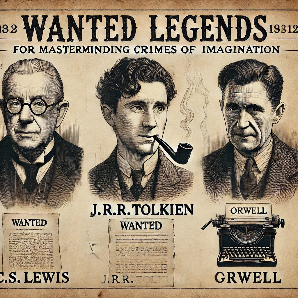 A vintage wanted poster design featuring illustrated portraits of C.S. Lewis, J.R.R. Tolkien, and George Orwell. Each is drawn in a sketch-like style, wearing 20th-century attire: C.S. Lewis with a pair of glasses and a contemplative expression, Tolkien with a pipe and a scholarly look, and Orwell with a serious demeanor and a typewriter in the background. The poster has the title 'WANTED: Literary Legends' in bold, old-fashioned font, and the tagline 'For Masterminding Crimes of Imagination.' The design includes an aged, textured paper background with a sepia tone, creating an authentic vintage aesthetic. The names of the authors are listed under their portraits in bold text.