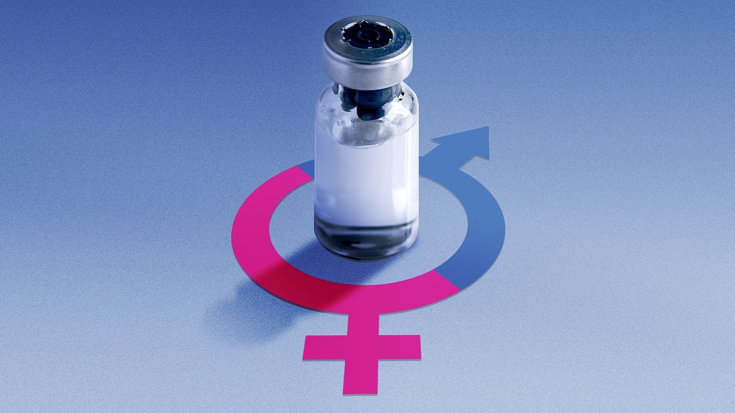 Illustration of a medicine ampoule bottle centered inside of male and female symbols spliced and combined. The bottle casts a shadow over the female side of the symbol. 