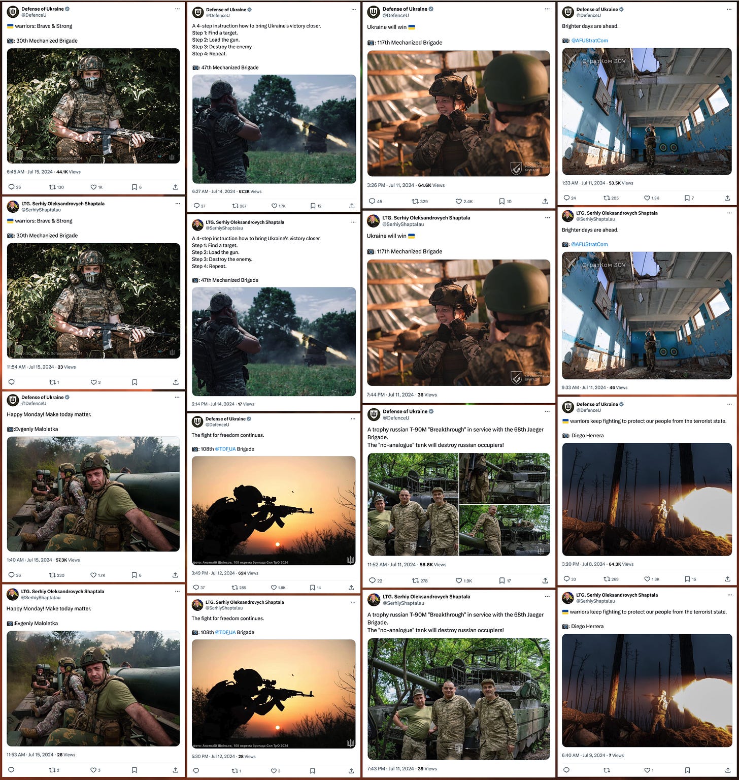 screenshots of 8 posts from @DefenceU and @SerhiyShaptalau's copies of said posts