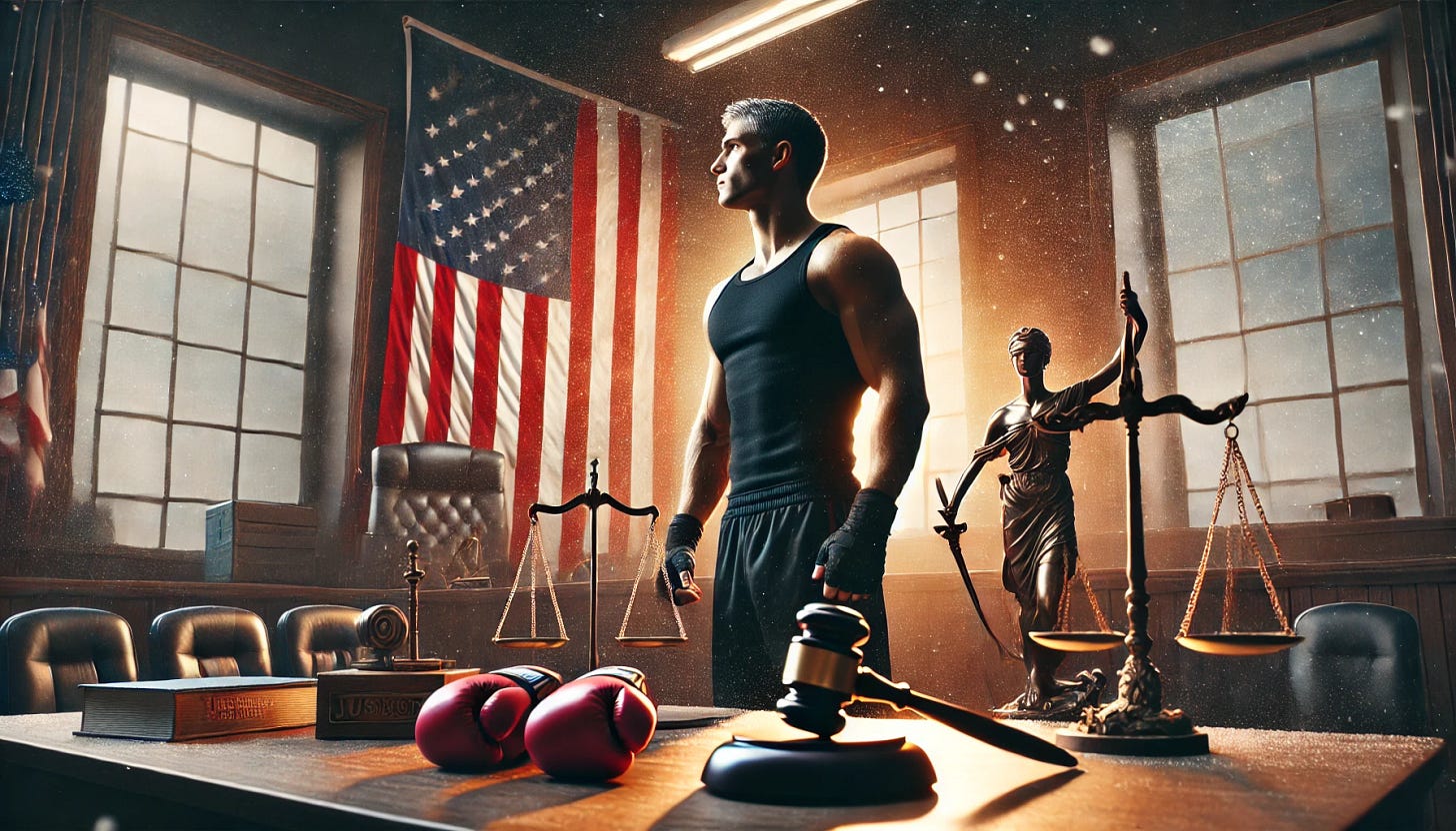 A powerful, inspiring visual depicting a strong, determined man standing tall in a courtroom with an American flag draped subtly in the background. The atmosphere is bold and patriotic, emphasizing leadership, resilience, and determination. Behind him, symbolic elements like a gavel, boxing gloves, and a fitness setup represent justice, strength, and health. The lighting is dramatic with warm tones, conveying a sense of hope and ambition for a brighter future. Snow lightly falls outside a window, suggesting the start of a new year and a fresh chapter, with no text or captions included.