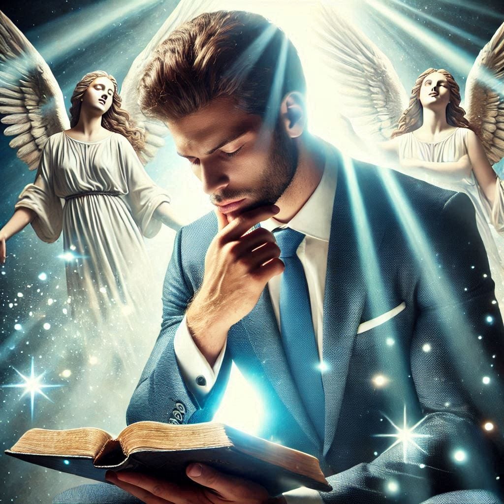 handsome male thought leader weeping over the bible as he is bathed in holy light and the angels sing his praise