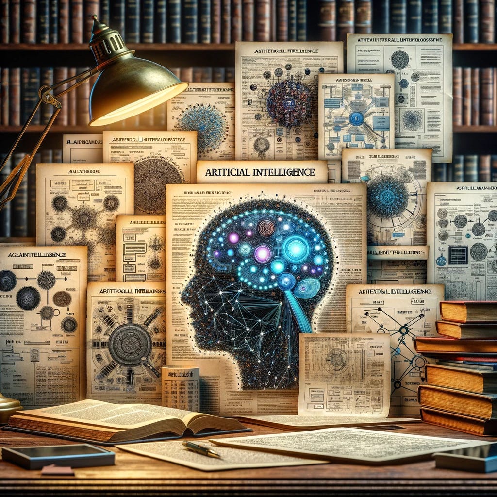 A conceptual collage of different artificial intelligence research papers, representing major breakthroughs in AI. The scene includes several visually distinct papers, with prominent but unreadable titles in a scholarly font, strewn across a wooden desk. Each paper has annotations and various diagrams like neural networks and data flow charts. The setting is scholarly, with a vintage brass lamp providing warm light over the papers, suggesting an academic environment. The background features bookshelves filled with thick volumes.