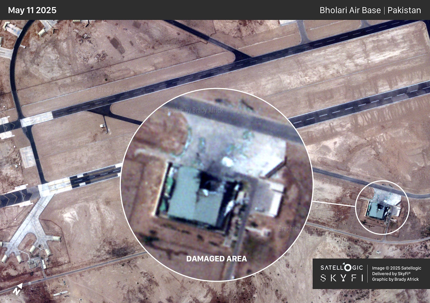 Bholari Air Base, Pakistan | May 11 2025 | Image © 2025 Satellogic | Delivered by SkyFi® | Graphic by Brady Africk