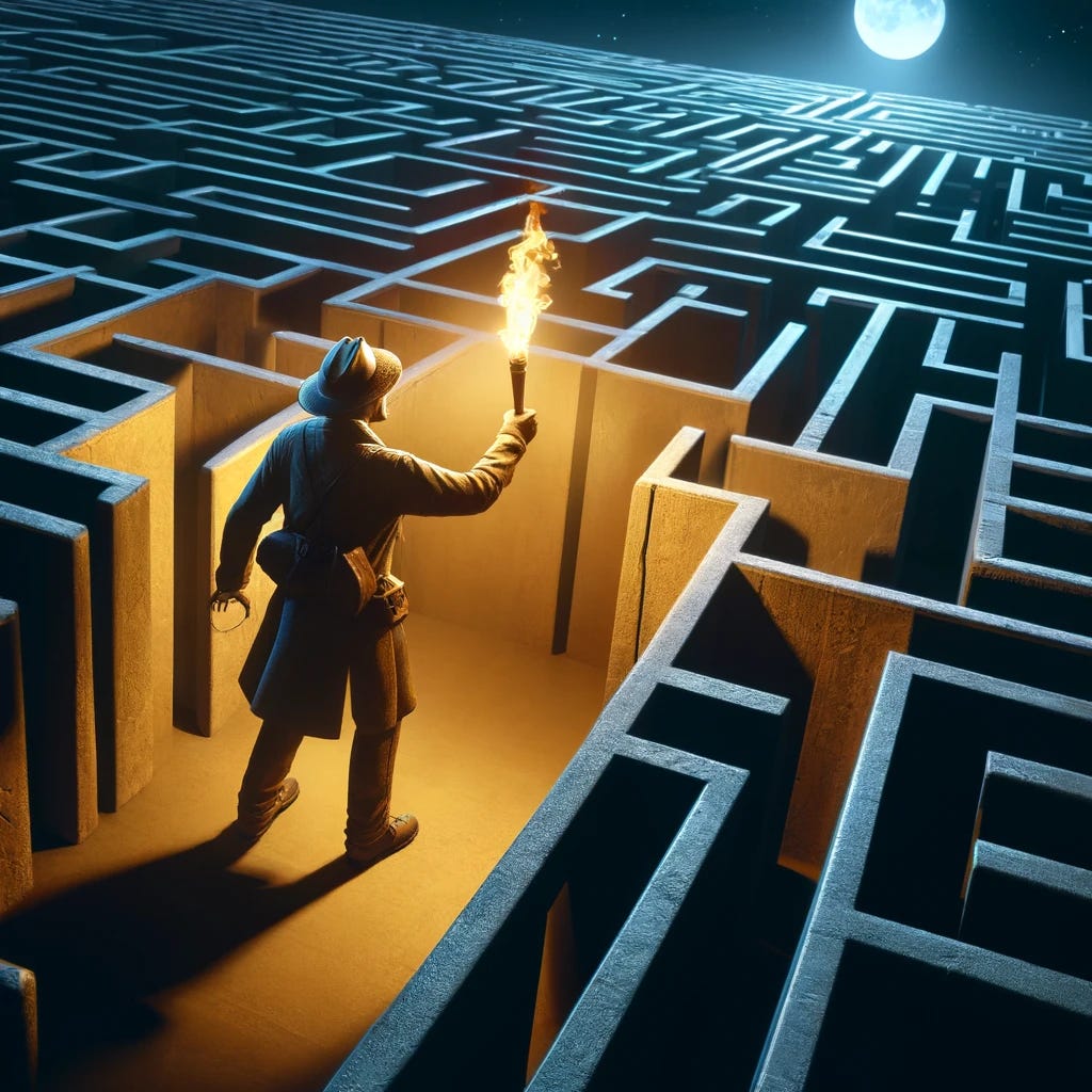 An image depicting a man holding a torch, illuminating the dark, as he tries to find his way out of an intricate maze. The maze is designed with high walls, casting long shadows in the light of the torch. The man is depicted in a classic adventure outfit, reminiscent of explorers from the early 20th century, including a rugged jacket and a wide-brimmed hat. The perspective should give a sense of the maze's complexity and the challenge ahead, with the torchlight revealing only a small portion of the path forward. The overall atmosphere is one of suspense and determination, set during a moonlit night.