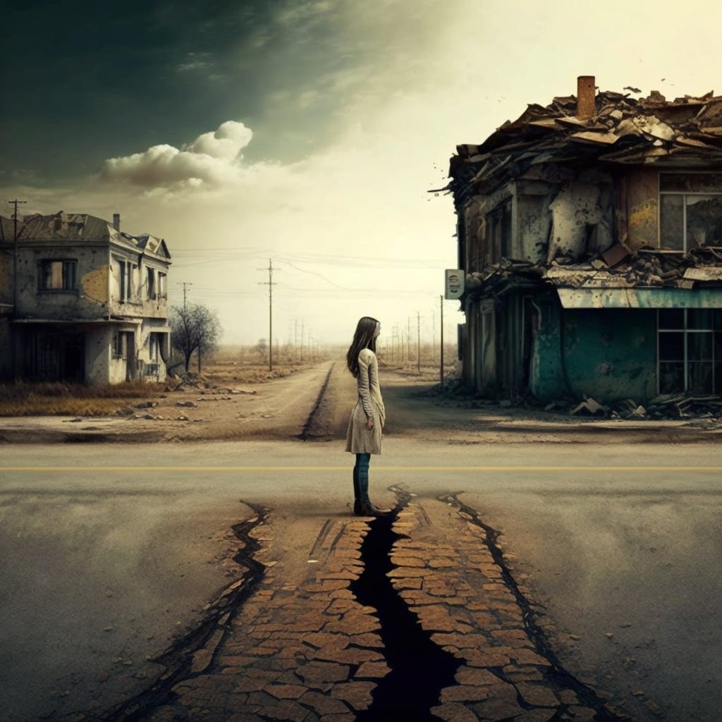 a beautiful woman stands on the cement road in a desolate suburban town that is dry and deserted and in front of the woman lays a man