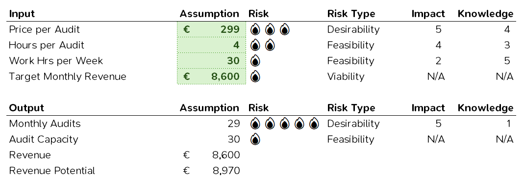 A table showing the input assumptions and the output values along with a risk type assigned to them. 