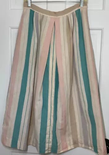 VINTAGE DAVID BROOKS  LTD WOMENS PLEATED SKIRT SIZE 14 PINK GREEN CREAM STRIPPED - Picture 1 of 2