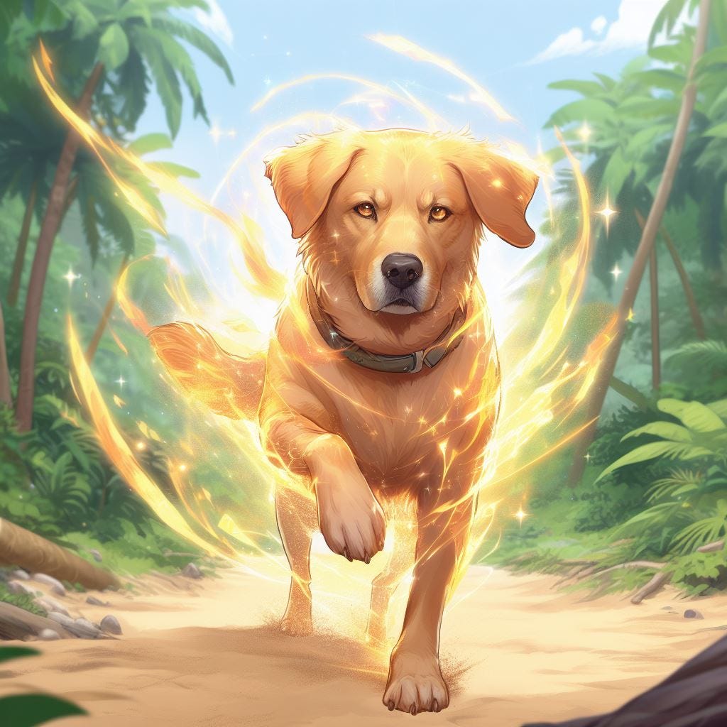 "Vincent, the golden labrador from LOST, covered in magical energies, with a visible aura. Dynamic pose, mid distance. Tropical jungle as the background of the shot. Anime style."