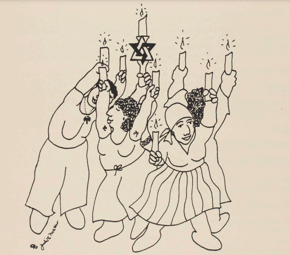 image of a bunch of women with no bra, short frizzy hair, human-sized, armpit hair, labrys neclaces, etc. raising candles, one of which has a star of david on it image of a bunch of women with no bra, short frizzy hair, human-sized, armpit hair, labrys neclaces, etc. raising candles, one of which has a star of david on it