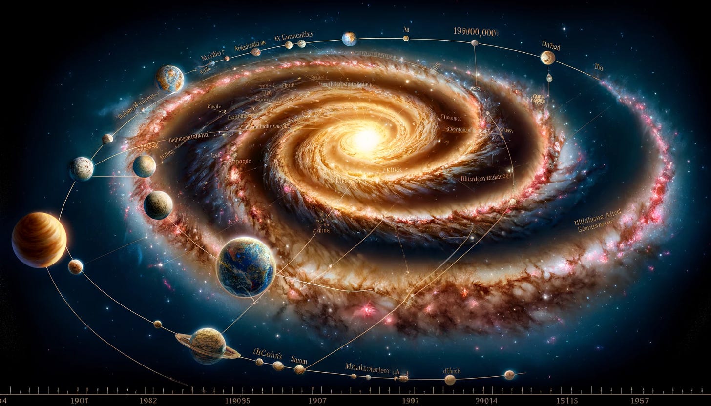 An illustration showing the Earth's path through the Milky Way galaxy over the last 190,000 years. The image should depict the spiral arms of the Milky Way, with a highlighted trajectory of the Solar System's movement around the galactic center. Include the position of the Sun, some key celestial objects, and a timeline indicating significant epochs in Earth's journey through the galaxy. The image should have a cosmic, vast space background with stars, nebulae, and other galactic features.