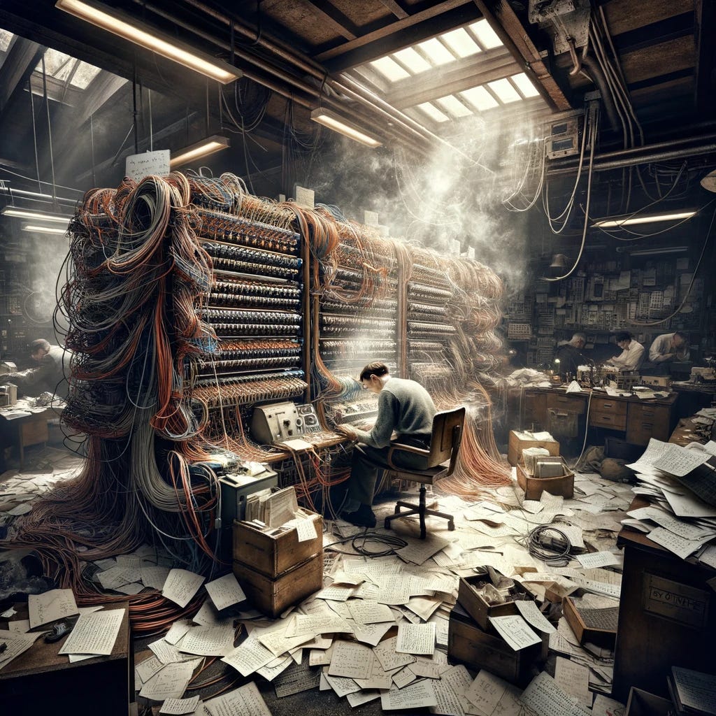 An enhanced depiction of Alan Turing's Bombe machine, adding more elements of chaos and urgency. The scene is filled with an even more intricate arrangement of cords and cables, with parts of the machine visibly smoking, indicating intense use and the high-pressure environment. Turing is deeply engaged in his work, surrounded by piles of papers, scattered all over the place, including cryptographic analyses, mathematical equations, and urgent notes. The papers are strewn about the floor, tables, and even hanging off the machine, creating a sense of disarray and the frantic pace of wartime code-breaking efforts. The background is a cluttered wartime office, further emphasizing the hectic and critical nature of Turing's task. The lighting is dramatic, casting shadows and highlighting the smoky atmosphere, underscoring the high stakes and historical significance of the work being done.