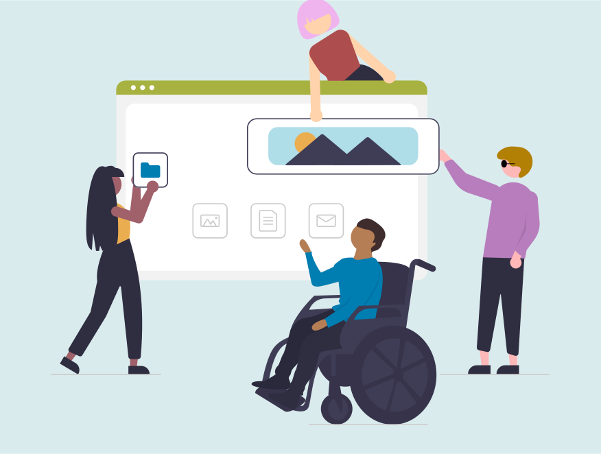 Several people, including one in a wheelchair, interact with a digital wireframe.