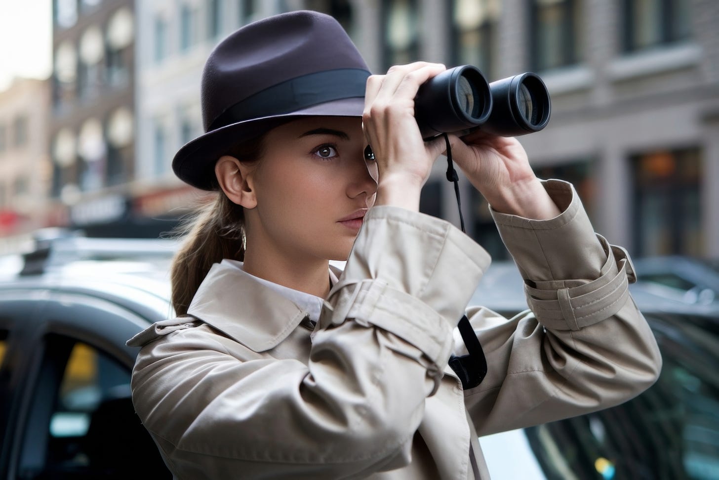 Young woman looking through binoculars.