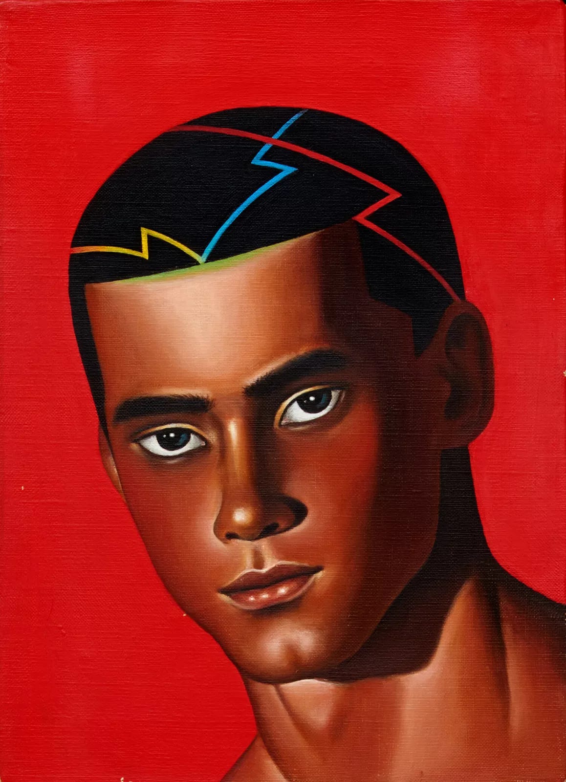 A portrait of a young black man is seen against a red background. It shows him from the neck up. He has chiseled facial features, and a short haircut, with geometrical lines shaved in. There are 3 lines shaved into his hair, one blue, one red, and one yellow. He has brown eyes and is looking straight ahead. A portrait of a young black man is seen against a red background. It shows him from the neck up. He has chiseled facial features, and a short haircut, with geometrical lines shaved in. There are 3 lines shaved into his hair, one blue, one red, and one yellow. He has brown eyes and is looking straight ahead.