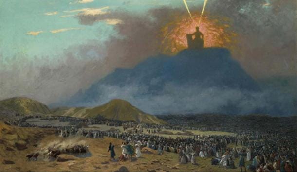 According to the Bible, God appeared to the Israelites on top of Mount Sinai. Painting by the nineteenth century-artist Jean-Léon Gérôme. According to the Bible, God appeared to the Israelites on top of Mount Sinai. Painting by the nineteenth century-artist Jean-Léon Gérôme.