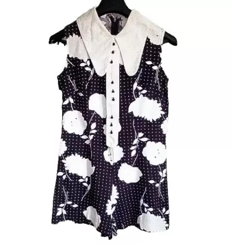 Vintage 60's Bunny Ear Collar Flowers & Dots Cotton Playsuit In Black N White S - Picture 1 of 8