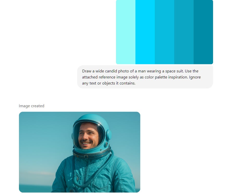 Draw a wide candid photo of a man wearing a space suit. Use the attached reference image solely as color palette inspiration. Ignore any text or objects it contains.