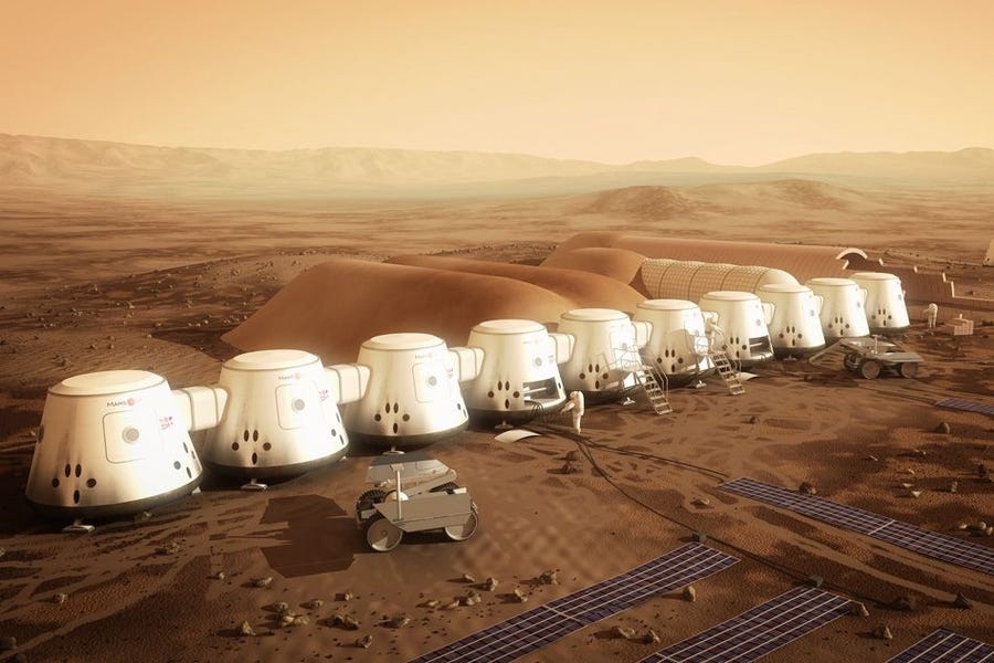 The non-profit company Mars One plans to establish the first human settlement on Mars by 2025. Pictured is an artist's rendering of a series of habitats. Solar panels (in the foreground), would supply the colony's electricity, while a system to extract water from the soil (in the background) would supply drinking water. 