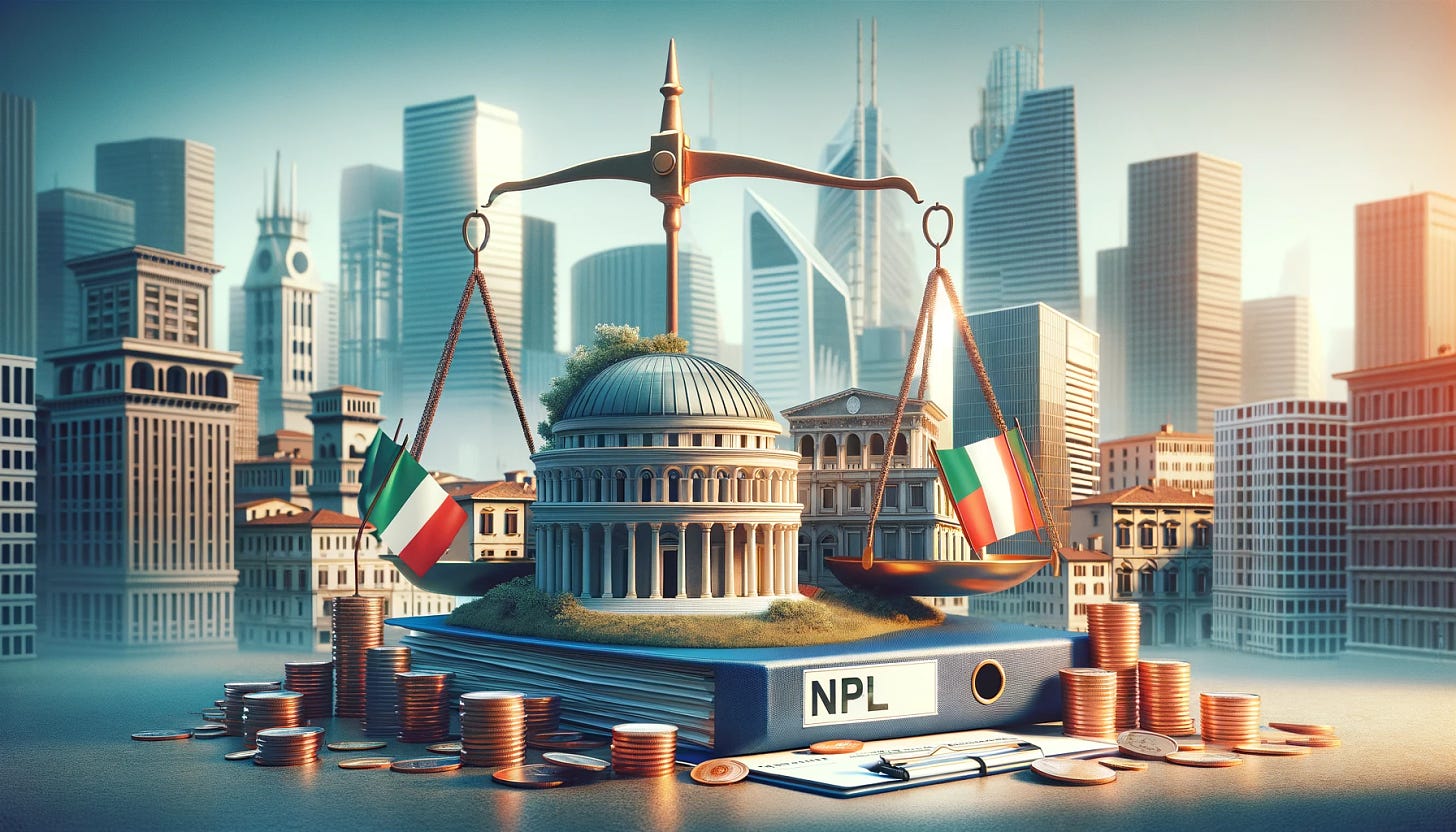 A conceptual image representing the Italian Non Performing Loans Market and credit management industry. The scene includes a bustling financial district in Italy, with skyscrapers and modern buildings, symbolizing the dynamic nature of the industry. In the foreground, there's a large, symbolic scale balancing a pile of coins and a folder marked 'NPL' (Non-Performing Loans). Italian flags are subtly incorporated in the scene, reflecting the national context. The overall tone is professional and conveys a sense of economic activity and financial management.