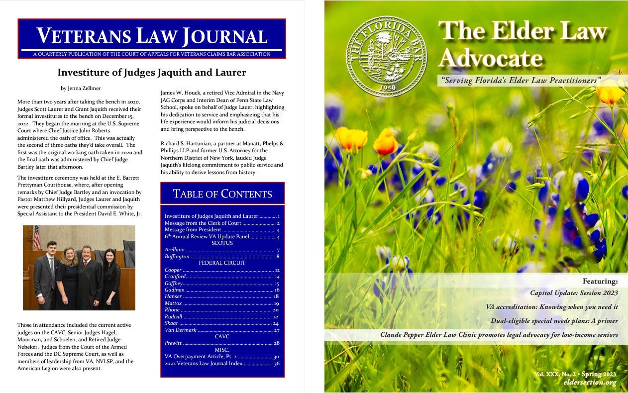 Journal covers for the Veterans Law Journal and The Elder Law Advocate