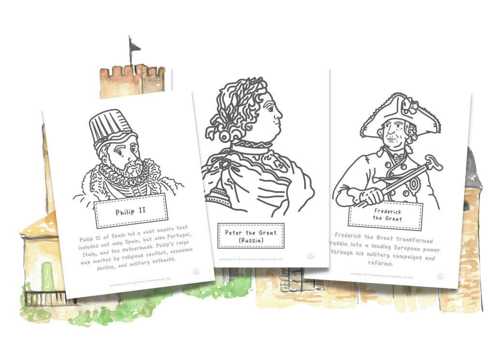 This image shows three king coloring pages: one with Philip II, Peter the Great, and Frederick the Great.