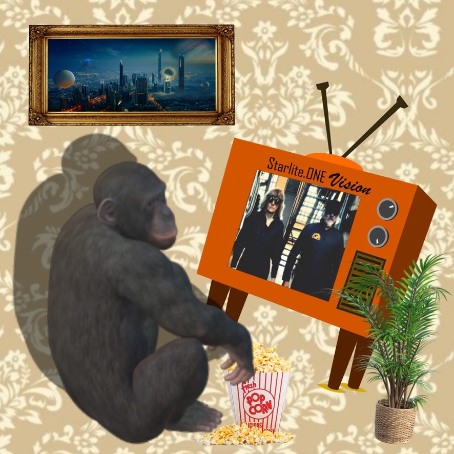 A gorilla eating popcorn, a tv with Starlite & Campbell on it