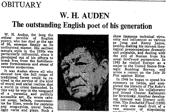 Extract of obituary for Auden in The Times, 1st October 1973: "The outstanding English poet of his generation"
