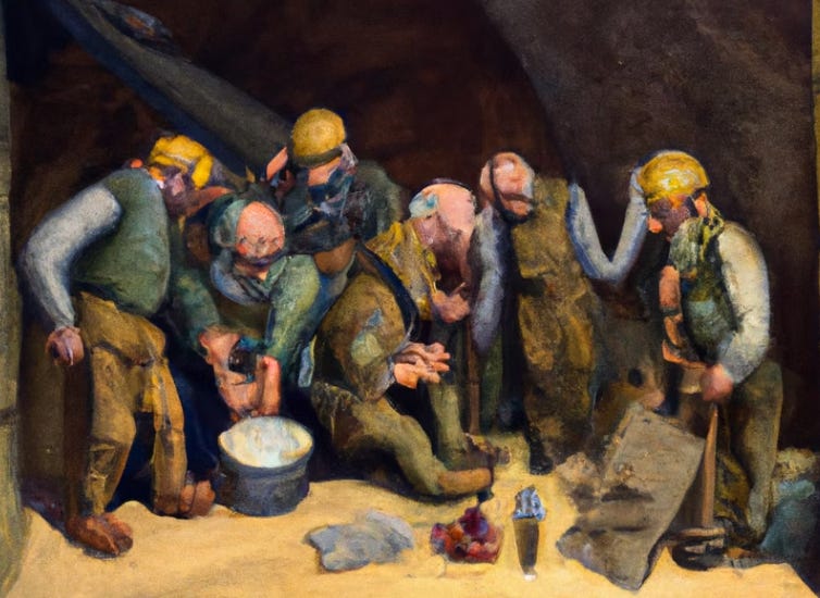 AI image: A painting of seven grim, exhausted ancient miners working in a 16th century mine, showing their camaraderie and work ethic.