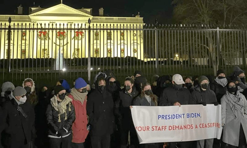 Biden staffers demonstrate outside White House for Gaza ceasefire. — X/MJPlitnick