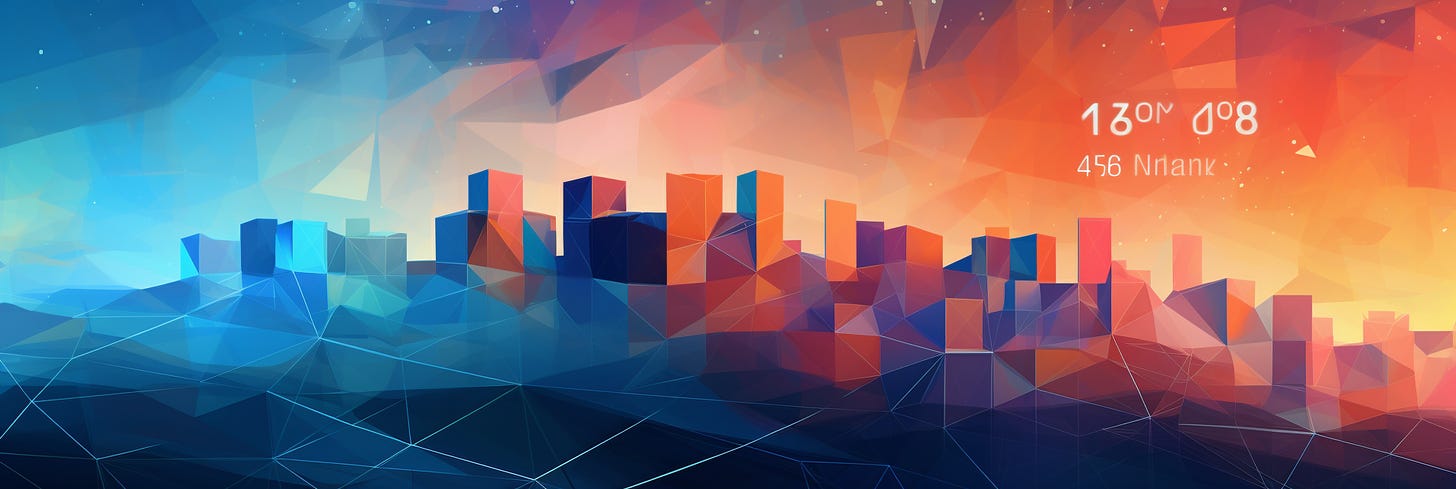  The image is a digital illustration of a geometric landscape at what appears to be sunrise or sunset. The foreground features a network of interconnected lines forming a low poly terrain, overlaid with abstract, block-like shapes that could represent buildings, creating a stylized city skyline. The background has a gradient of warm and cool colors, transitioning from blue to orange, suggesting the time of day. There are numerical and alphabetic characters floating above the cityscape, possibly indicative of data, time, or other digital information. The overall aesthetic is modern and digital, with a sense of calmness and order.