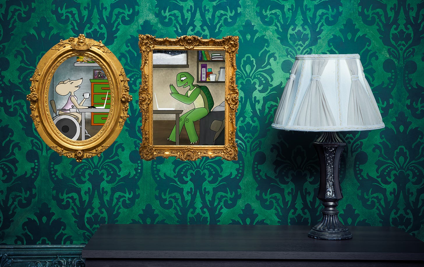 Two framed portraits of a cartoon mouse in one room and a cartoon tortoise in another room conversing together on their laptops. The tortoise, Horace, is articulating with his hands and the mouse, Abigail, has her head thrown back with laughter. The frames are ornate gold and hang against vintage teal wallpaper above a black dresser with a table lamp.