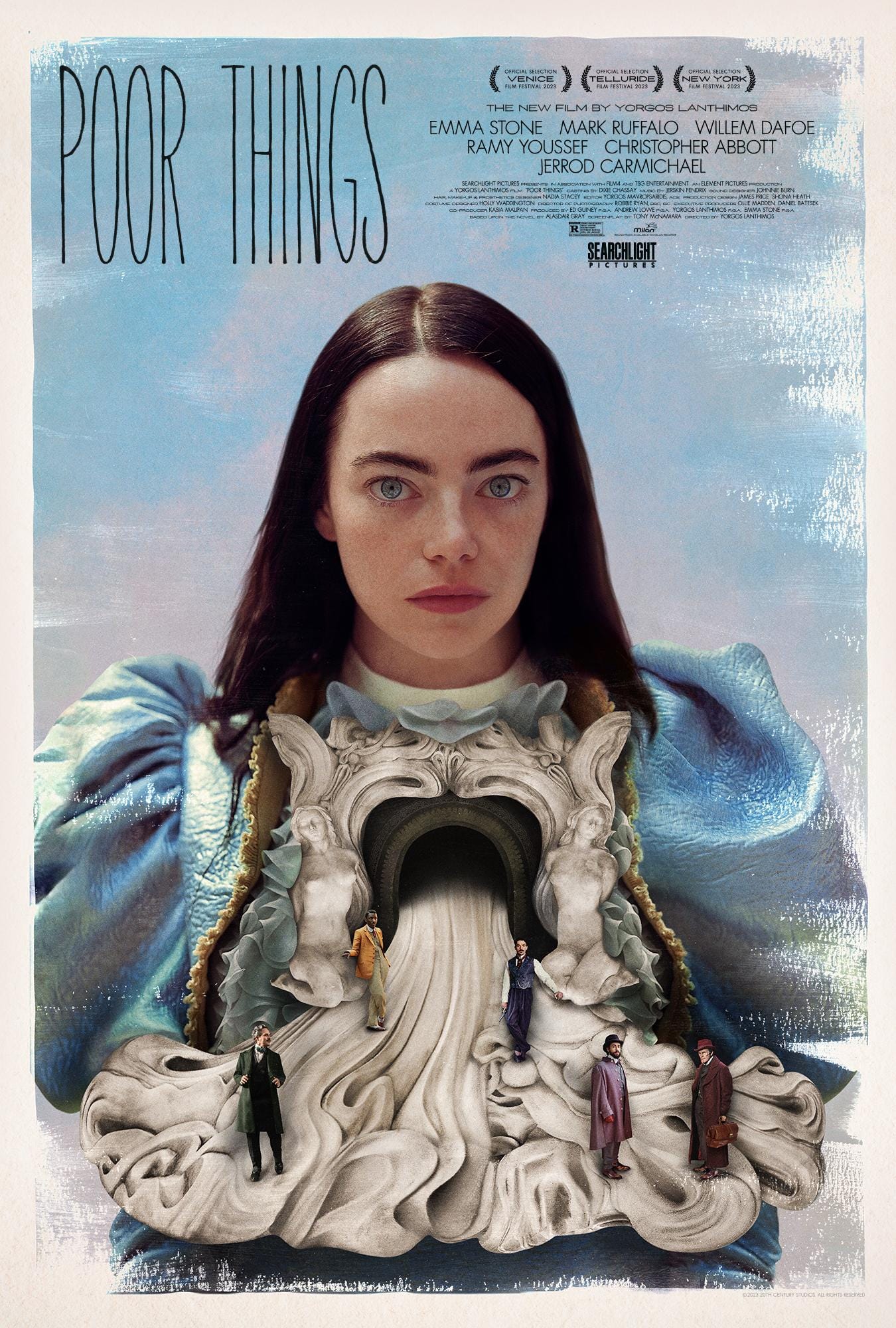 Emma Stone wearing a flowing ruffle, on whcih stands small versions of other characters, with the words Poor Things in the sky