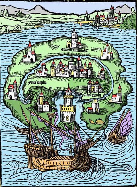 Explore – A woodcut map of Thomas More's Utopia,...