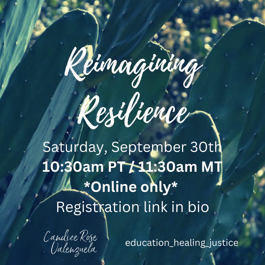 White text on a green background reads: Reimagining Resilience. Saturday, September 30th, 10:30PT, Online only. 