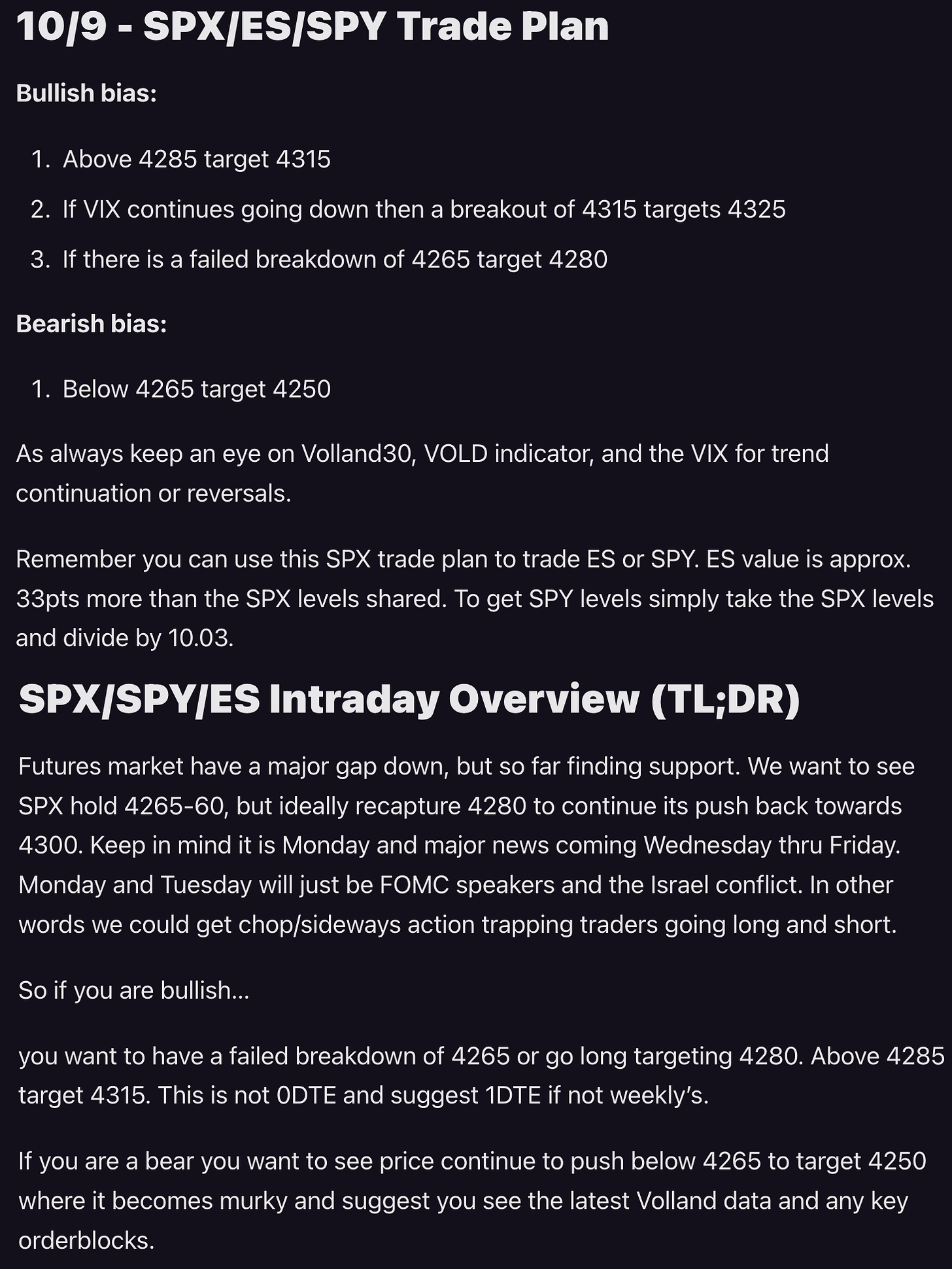 Recap of our 10/9 trade plan calling the bottom in futures action and going long