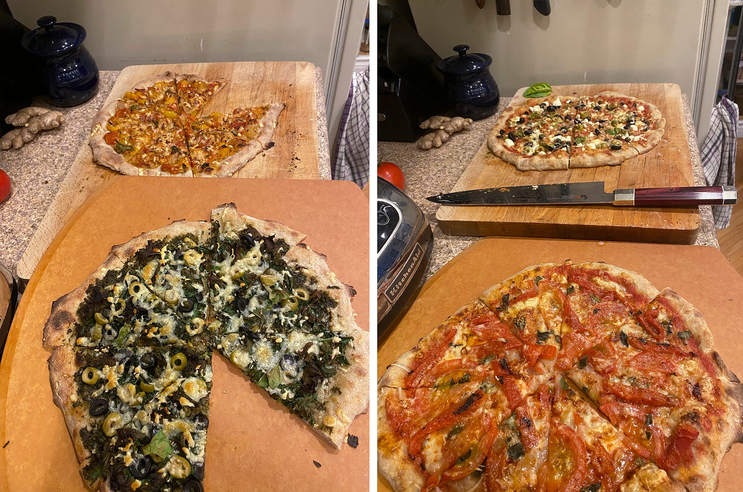 Left photo: the pesto and shakshuka pizzas described above, each with a slice missing. Right photo: the olive and tomato pizzas described above. A large knife sits on the cutting board between them.