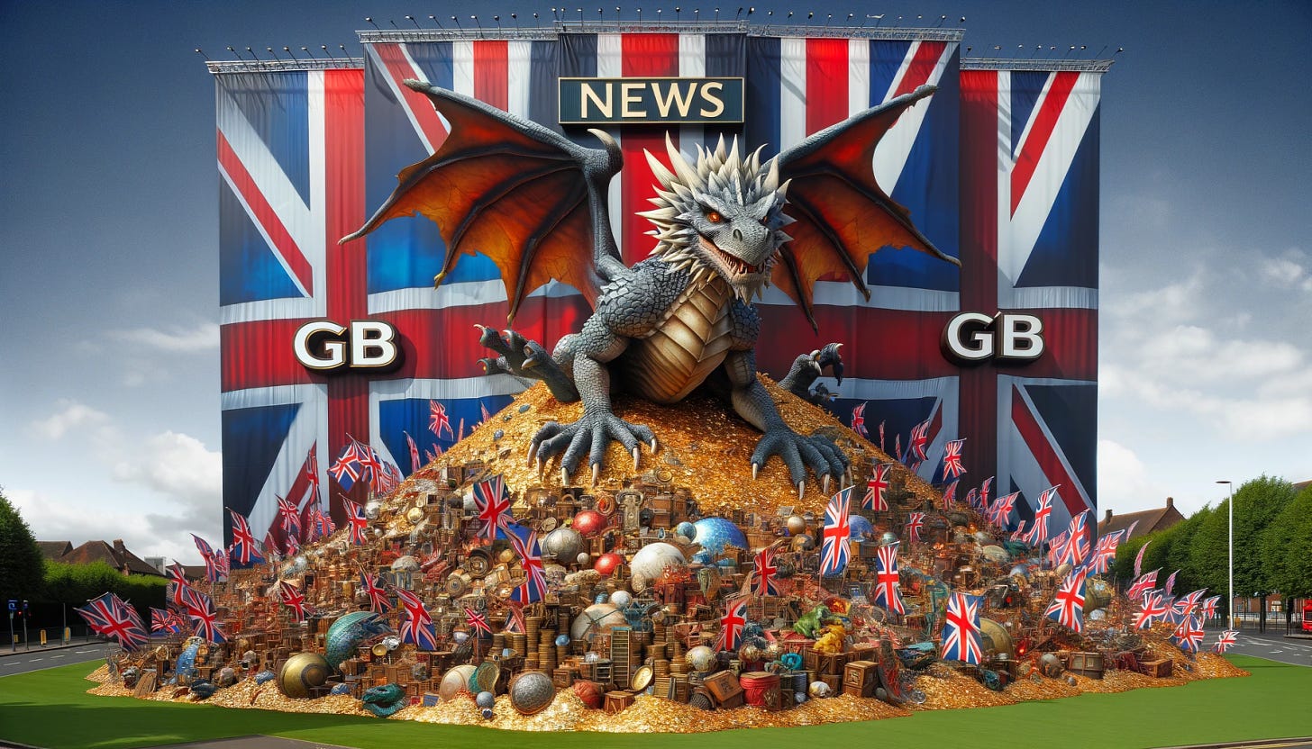 A detailed scene of a fantasy dragon sitting atop a colossal mountain of gold coins, treasures, and various objects. The dragon has a smirking expression, indicating a sense of pride or mischief. Surrounding this pile, numerous Union Jack flags are prominently displayed, fluttering in the breeze, creating a vivid backdrop of red, white, and blue. Above the scene, a large, unmistakable sign reads 'GB NEWS' in bold, capital letters, positioned to dominate the view. The setting is outdoors, under a clear blue sky, enhancing the contrast and visibility of the colors and elements involved.