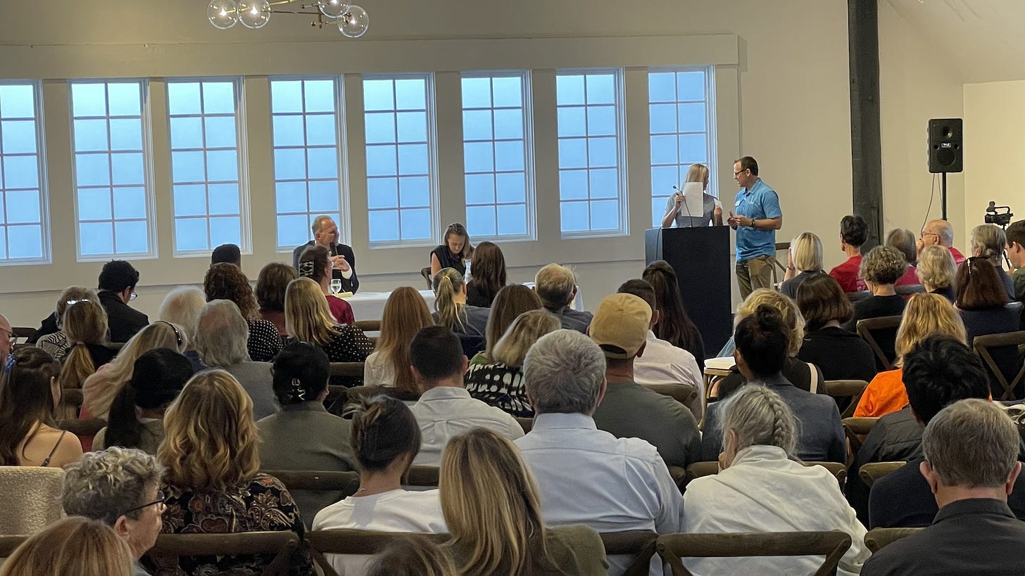 At least 150 people attended the candidate’s forum on Monday at the Carlsbad Windmill between former San Diego Mayor Kevin Faulconer, back left, and San Diego County Supervisor Terra Lawson-Remer. The two are running for the District 3 seat on the Board of Supervisors. Steve Puterski photo